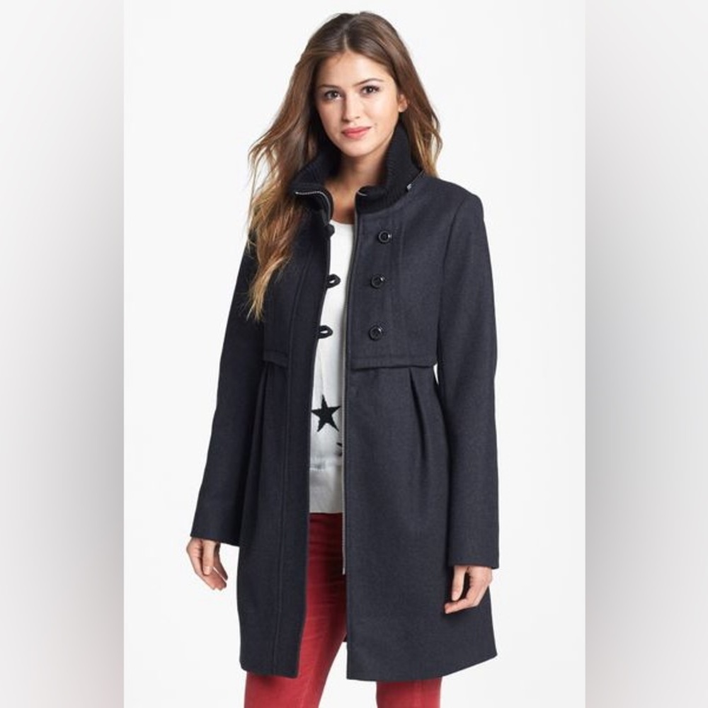 DKNY Charcoal Wool Blend Hooded Car Coat Stand Collar Jacket Peacoat Minimalist